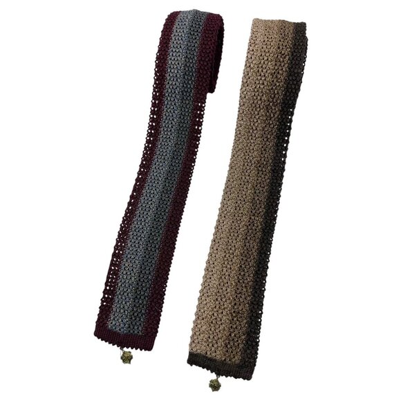 ALPI 2 Men's 100% Cotton Knit Necktie LUXURY Burgundy Beige Striped W:1.8